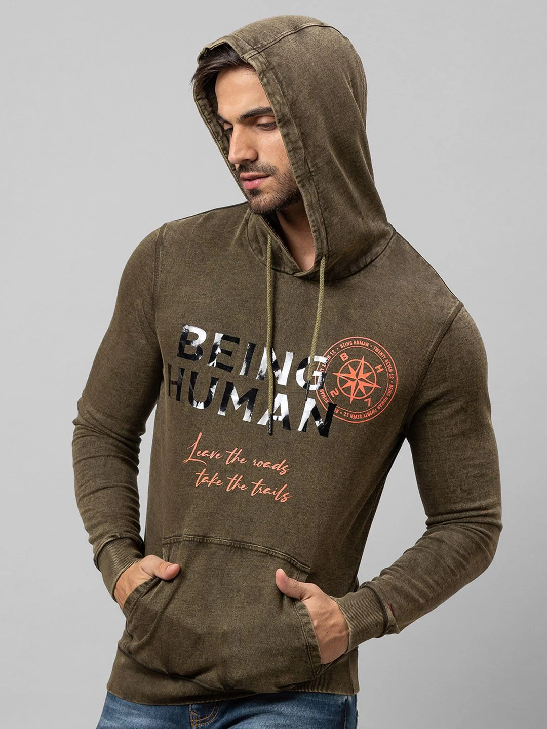 Being Human Men Olive Green Printed Hooded Cotton Sweatshirt - Image 3