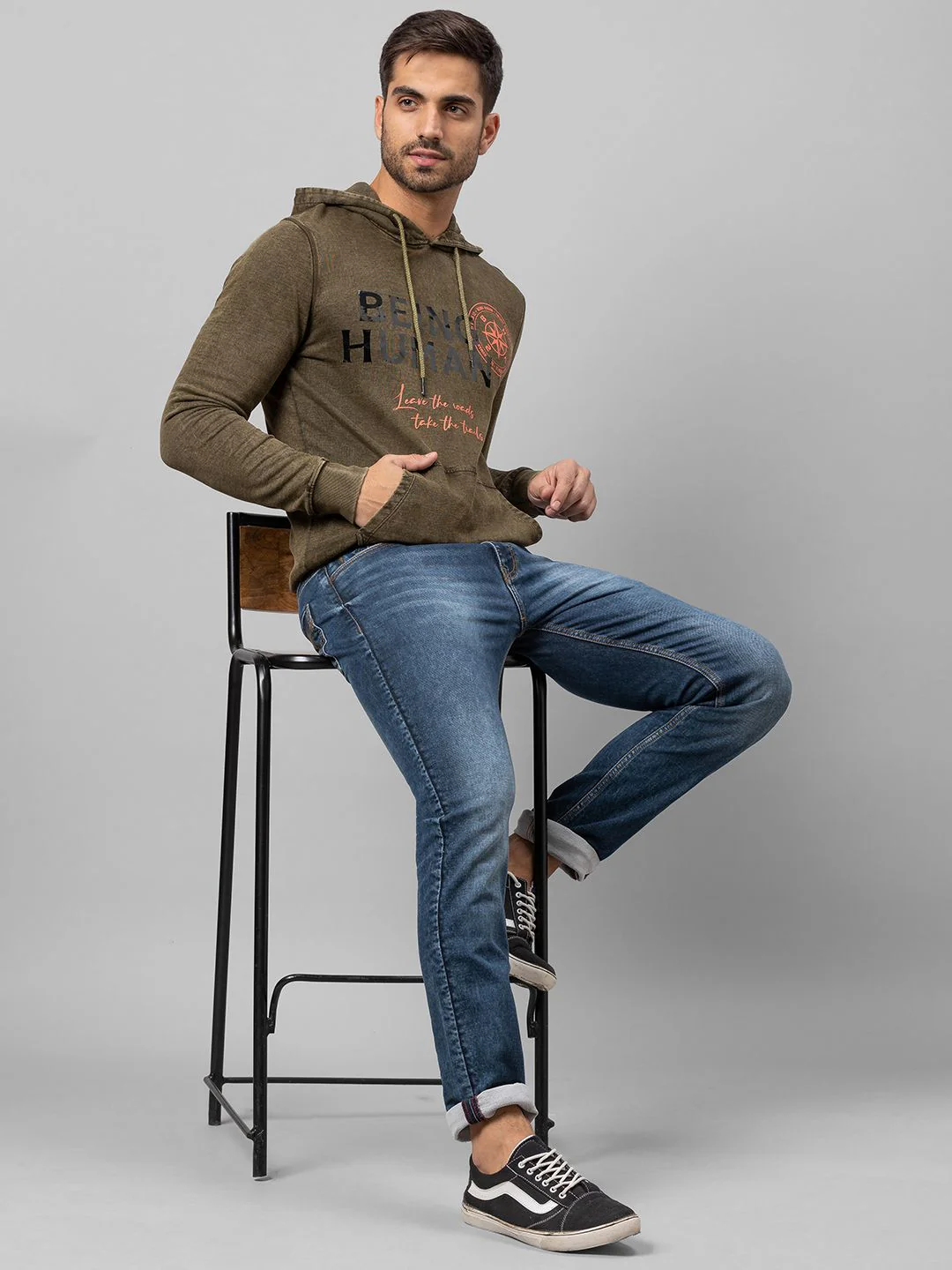 Being Human Men Olive Green Printed Hooded Cotton Sweatshirt - Image 4