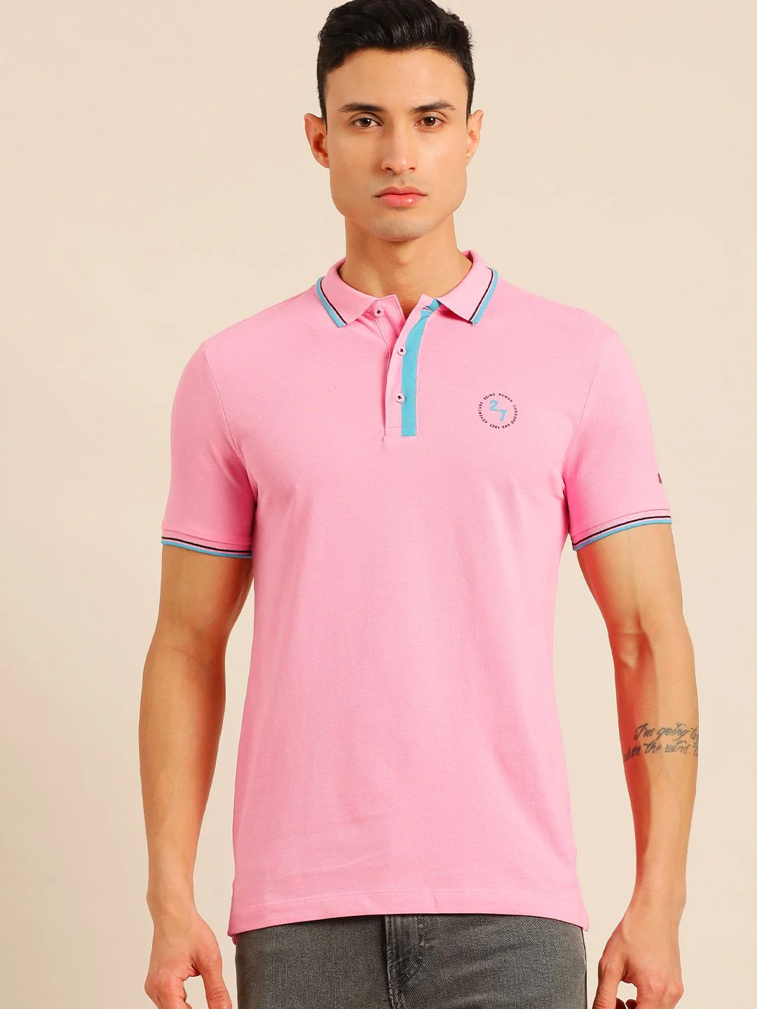 Being Human Men Pink Solid Polo Collar Pure Cotton Slim Fit T-shirt With Brand Logo Print - Image 3