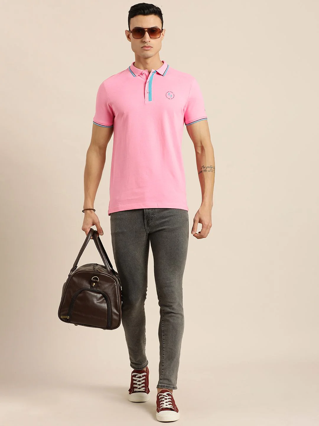 Being Human Men Pink Solid Polo Collar Pure Cotton Slim Fit T-shirt With Brand Logo Print - Image 6