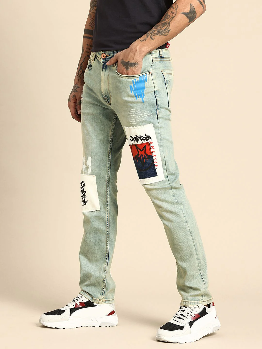 Being Human Men Straight Fit Distressed Light Fade Patch Work Printed Stretchable Jeans - Image 2