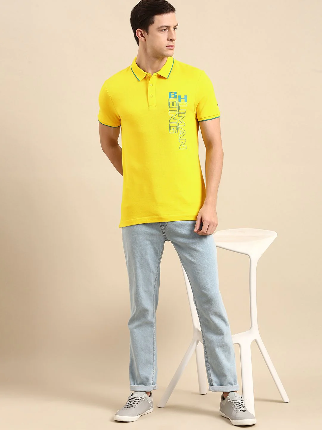 Being Human Men Yellow & Blue Printed Polo Collar T-shirt - Image 4