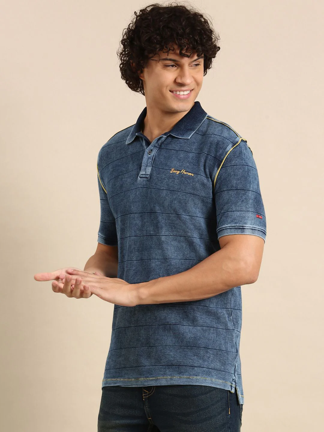 Being Human Polo Collar Self-Striped Pure Cotton T-shirt - Image 3