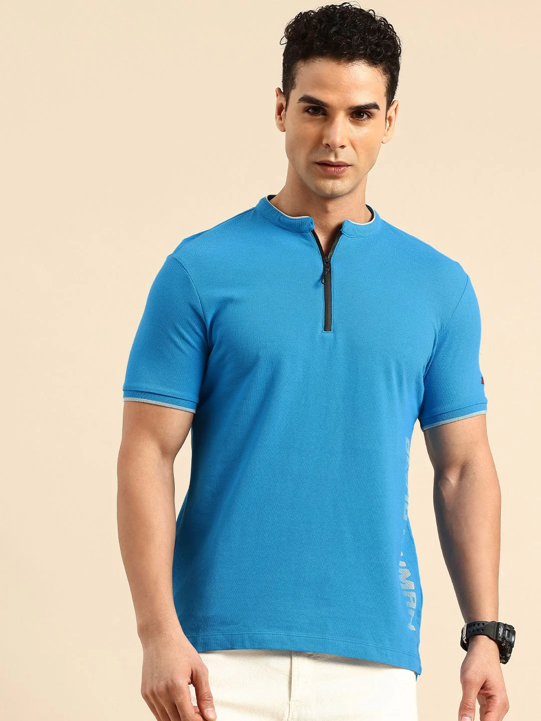 Being Human Pure Cotton Brand Logo Printed Henley Neck T-shirt - Image 3