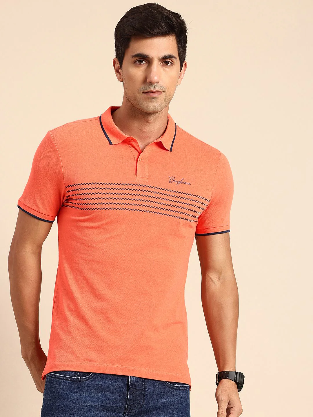 Being Human Pure Cotton Striped Polo Collar T-shirt - Image 3
