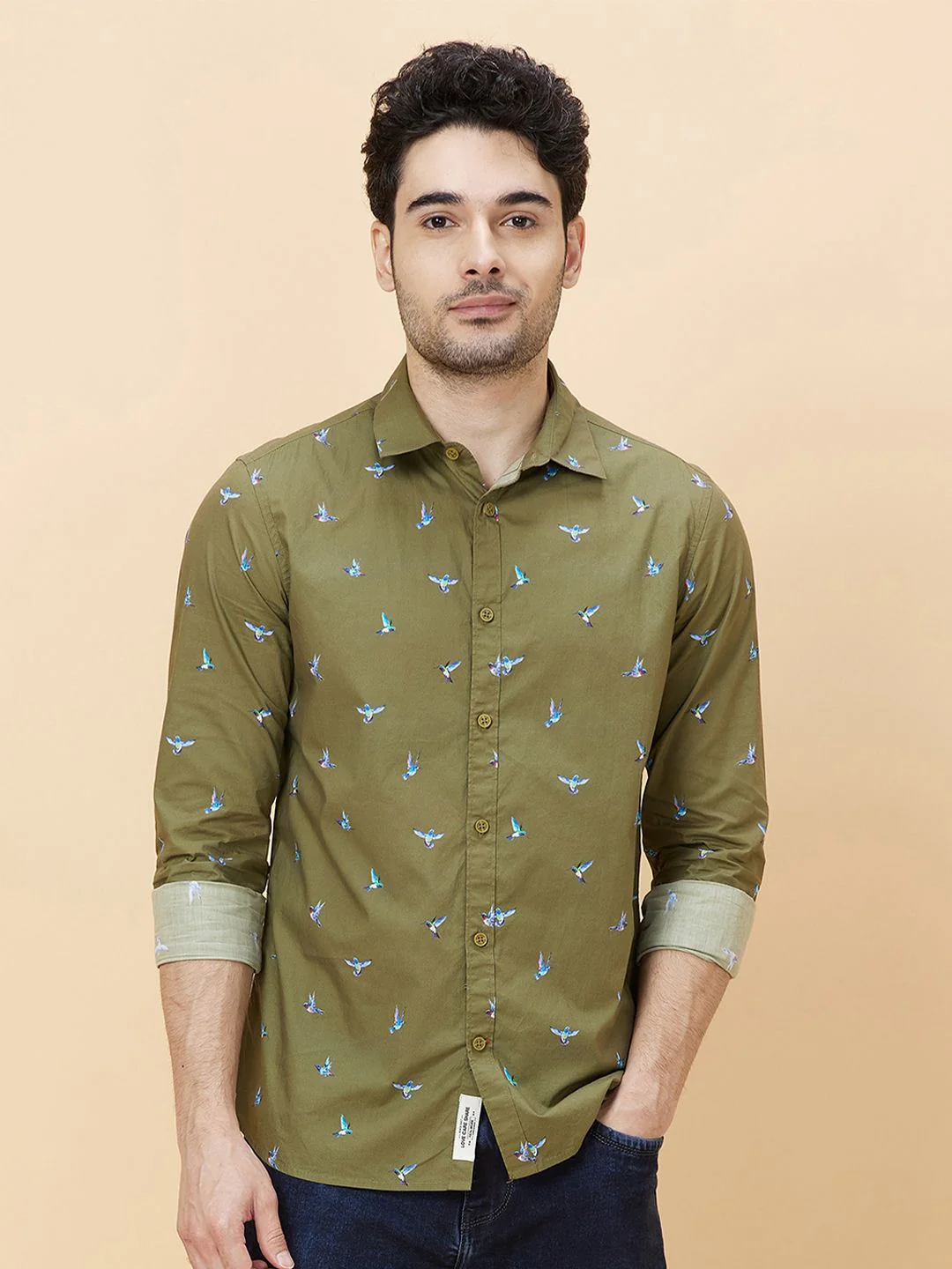 Being Human Slim Fit Conversational Print Spread Collar Long Sleeves Casual Shirt
