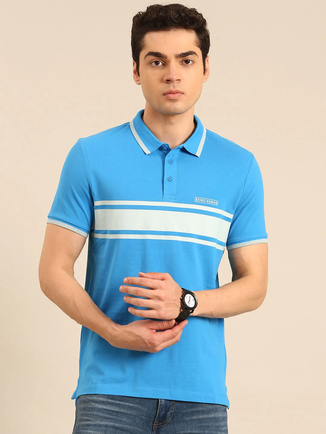 Being Human Striped Polo Collar Pure Cotton T-shirt - Image 3