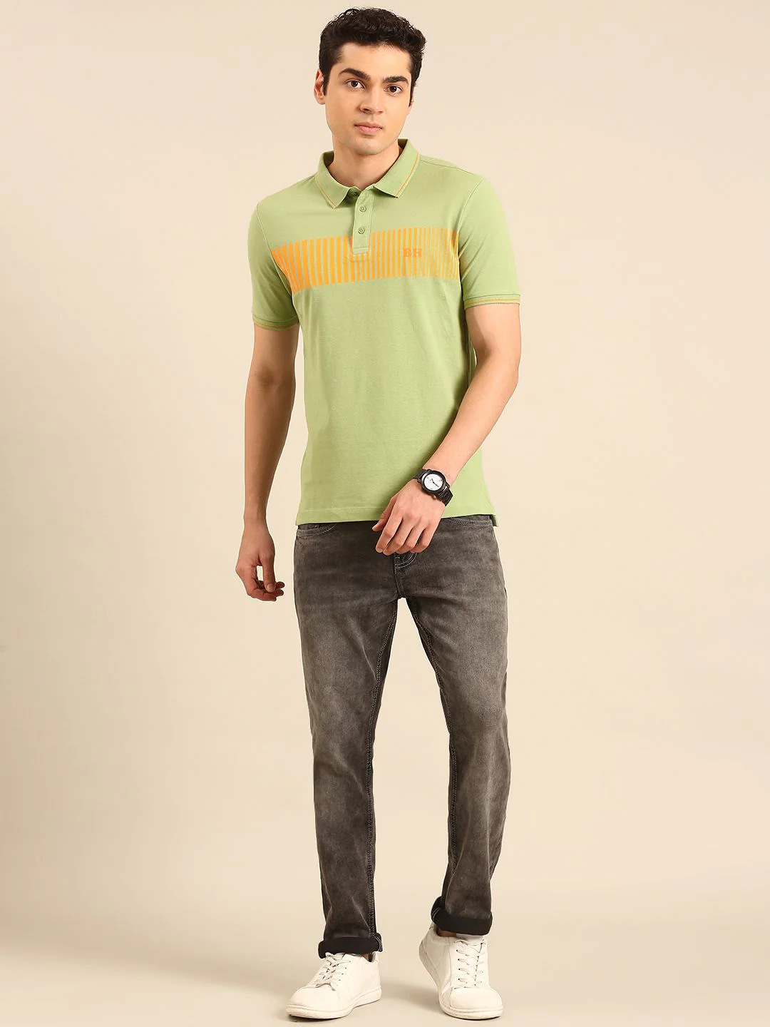 Being Human Striped Polo Collar Pure Cotton T-shirt - Image 4