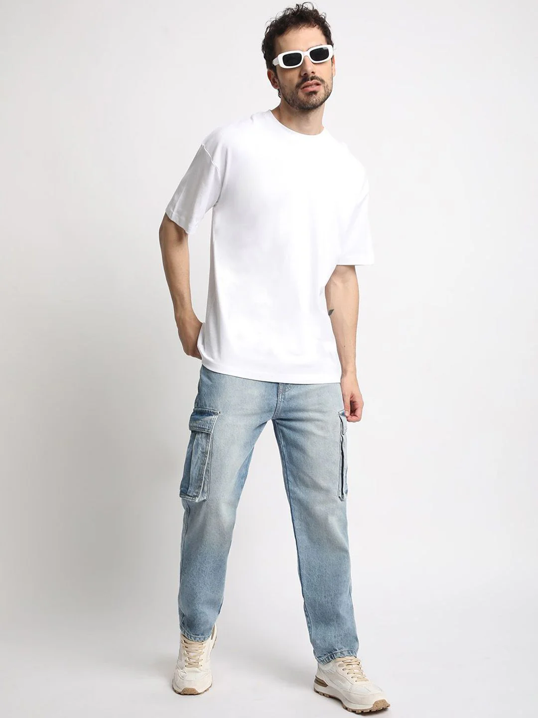 Bene Kleed Men Classic Relaxed Fit Light Fade Pure Cotton Cargo Jeans - Image 4