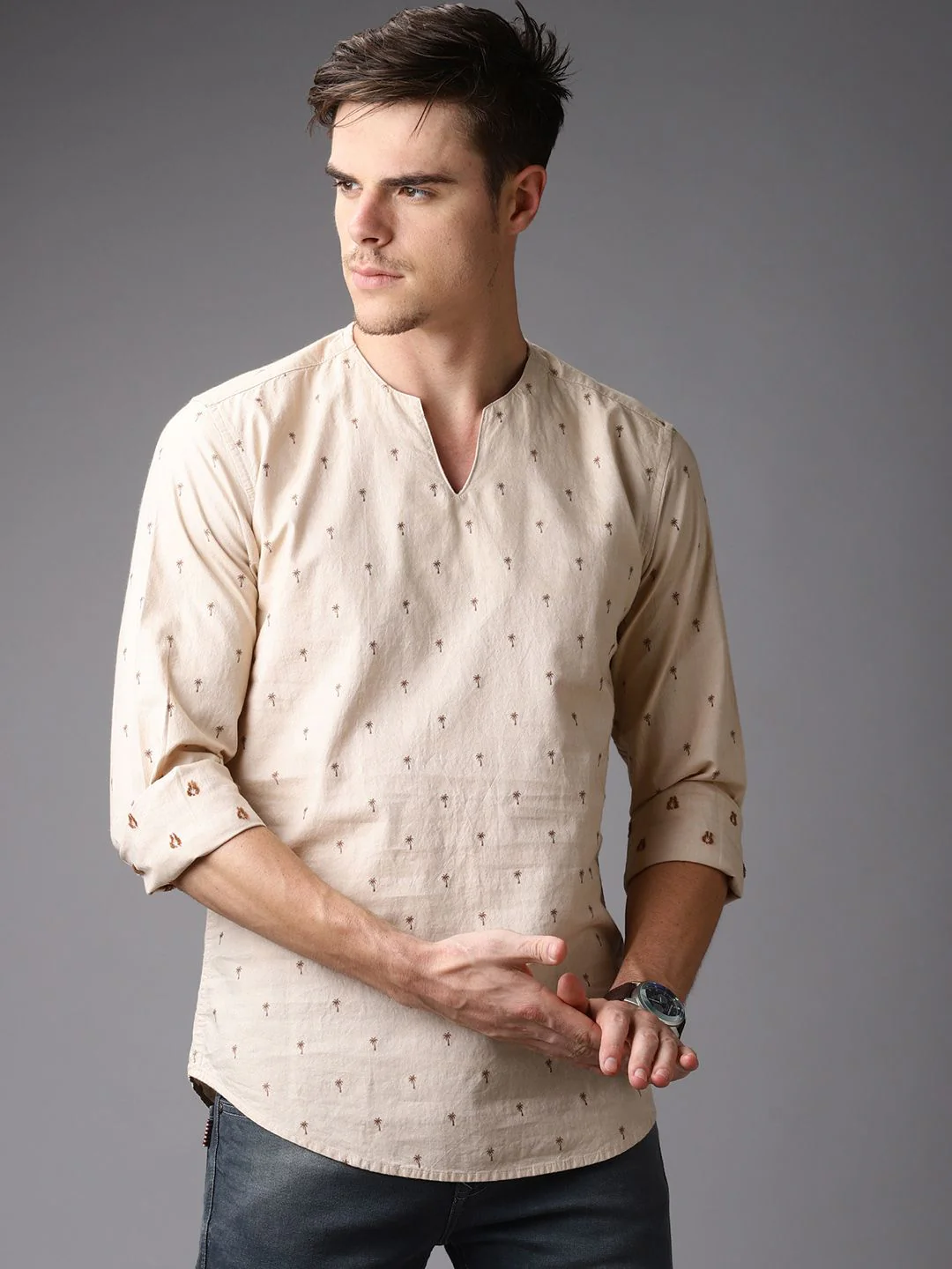 Bene Kleed Men Khaki Printed Straight Kurta