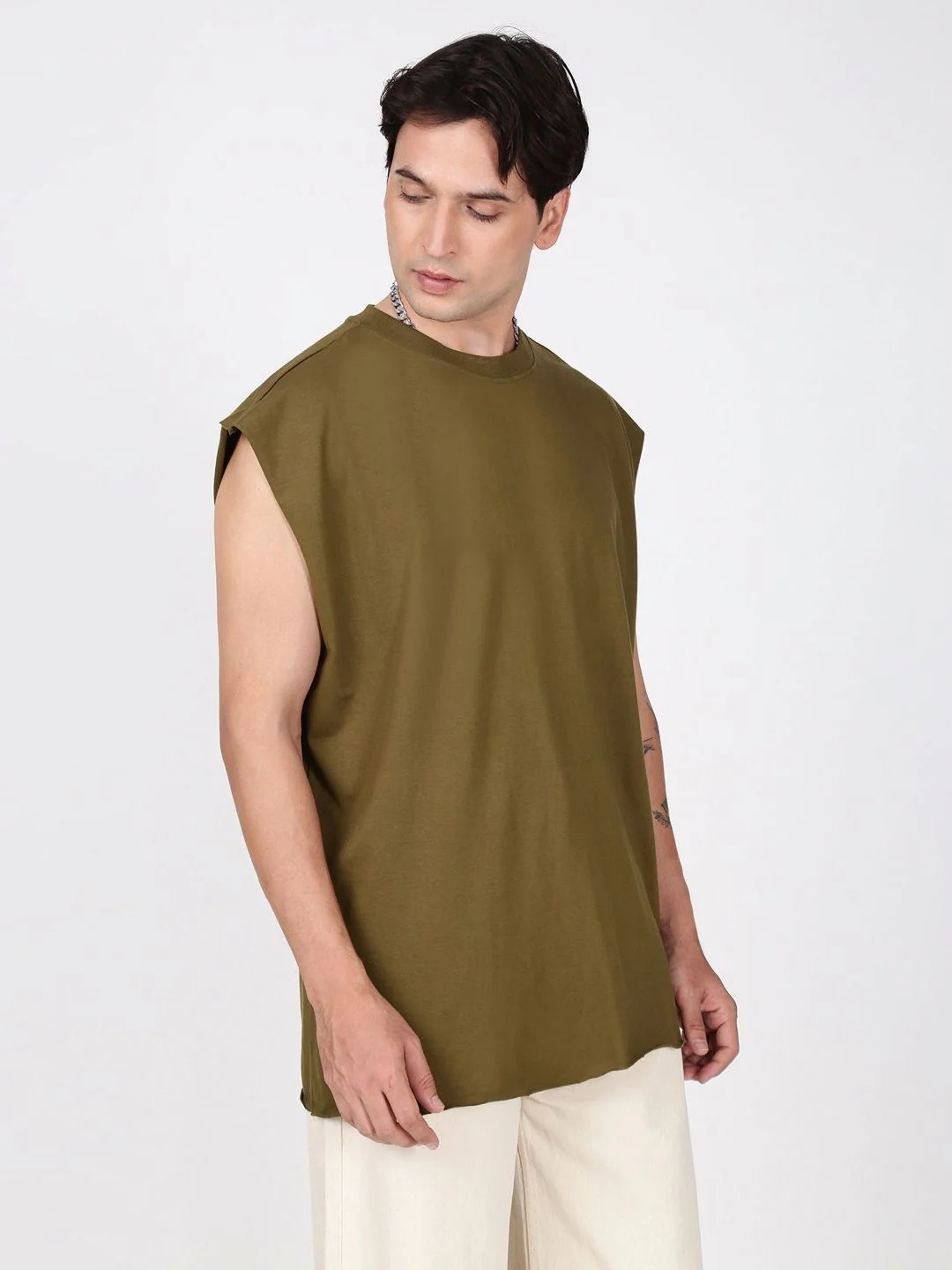 Bene Kleed Solid Sleeveless Round Neck Oversized Pure Cotton T-Shirt - Image 3
