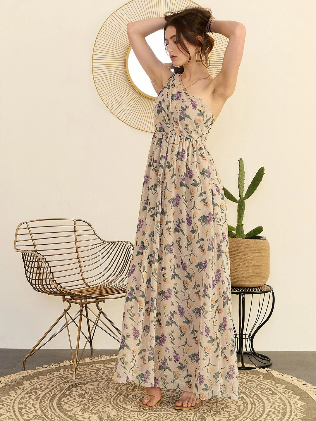 Berrylush Beige Floral Printed One Shoulder Flared Maxi Dress - Image 5