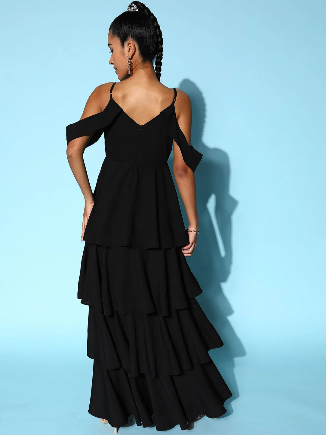 Berrylush Black Crepe Cold-Shoulder Sleeves Tiered Maxi Dress - Image 5