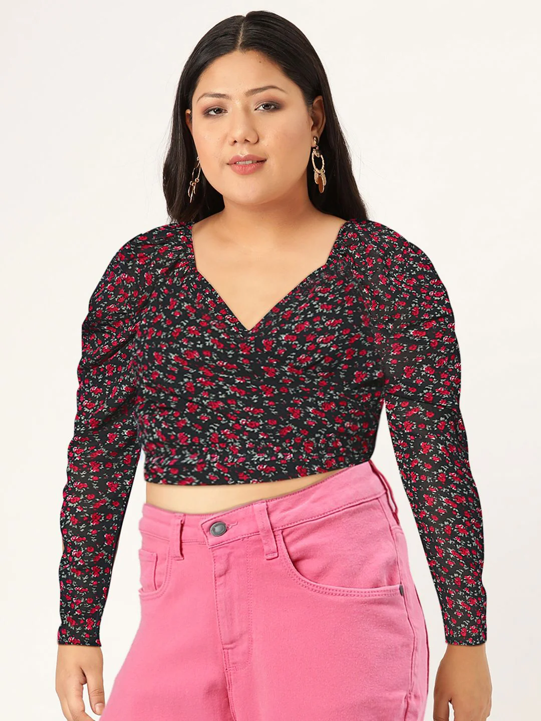 Berrylush Black Floral Print Sweetheart Neck  Wrap Top - Image 7
