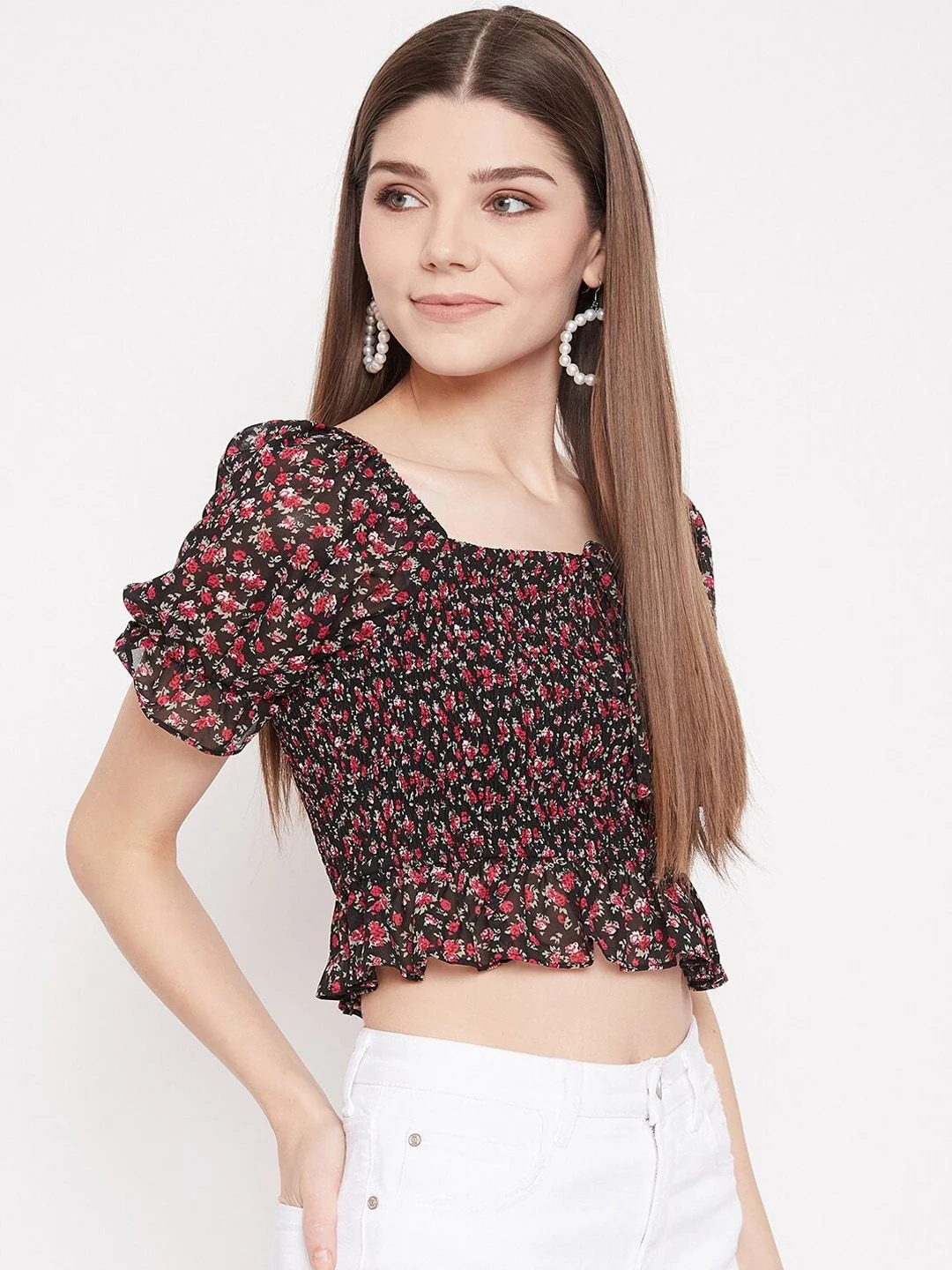 Berrylush Black Floral Smocked Crepe Blouson Crop Top - Image 3