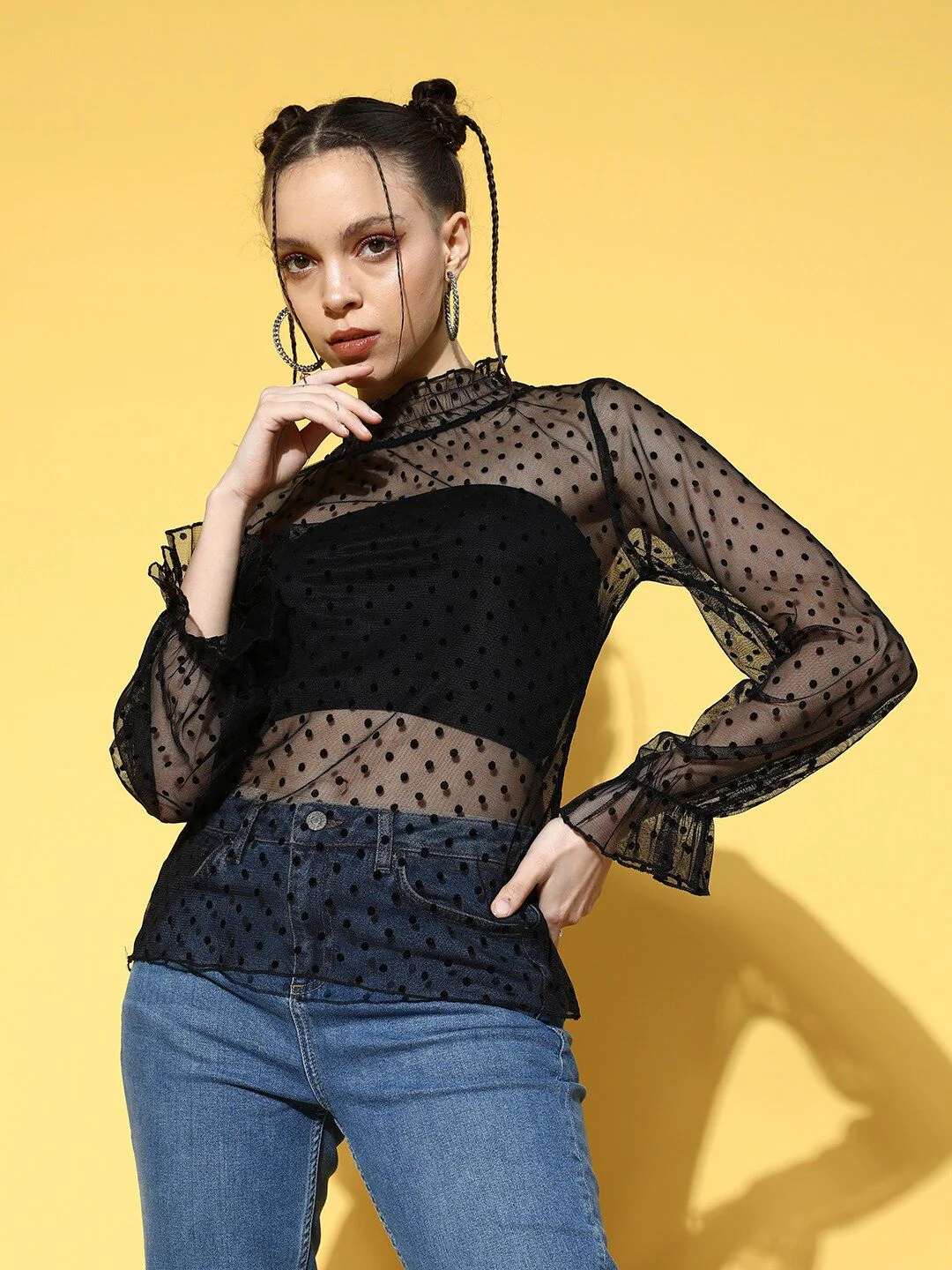 Berrylush Black High Neck Bishop Sleeves Sheer Crepe Top - Image 3