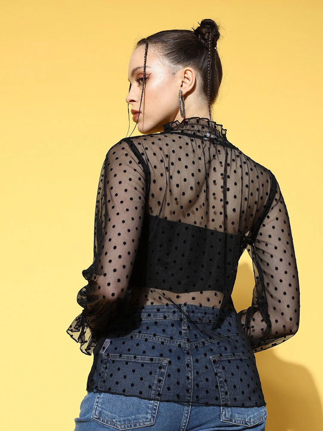 Berrylush Black High Neck Bishop Sleeves Sheer Crepe Top - Image 4