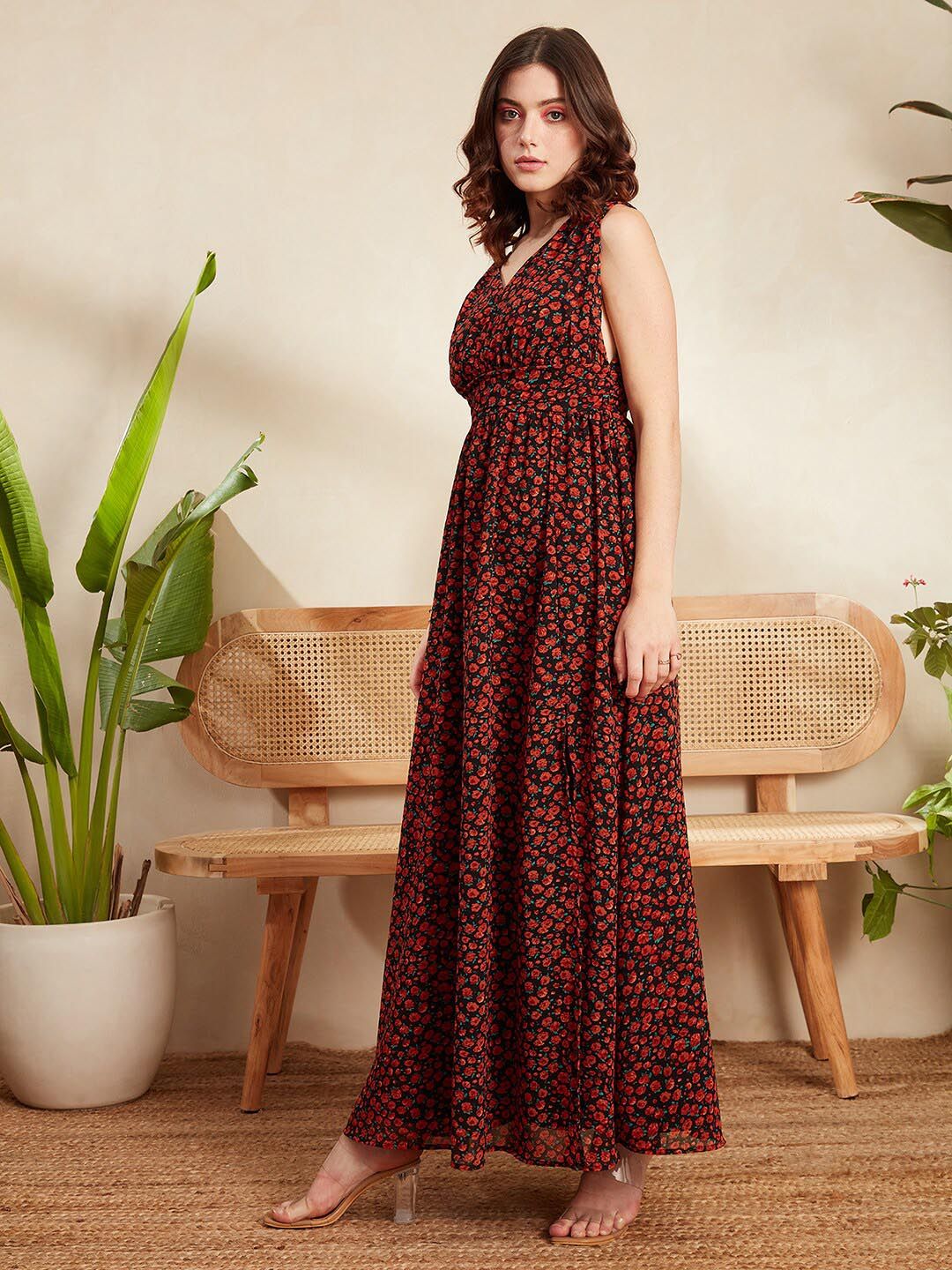 Berrylush Black & Red Floral Printed V-Neck Gathered Georgette Maxi Dress - Image 3