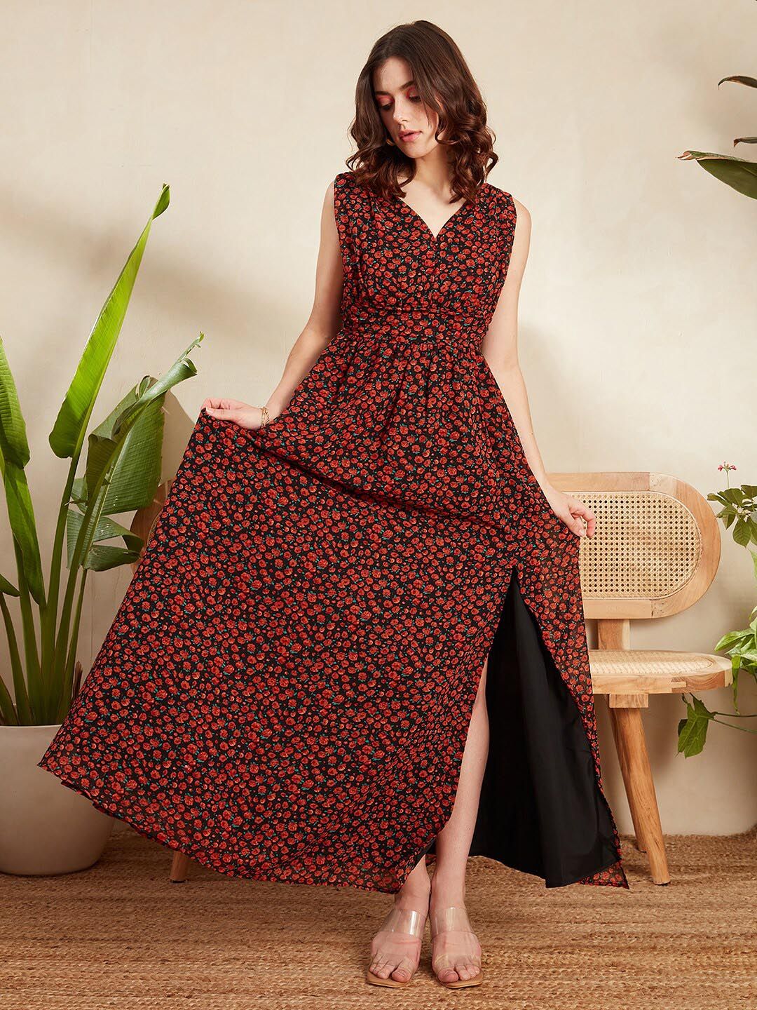 Berrylush Black & Red Floral Printed V-Neck Gathered Georgette Maxi Dress - Image 4