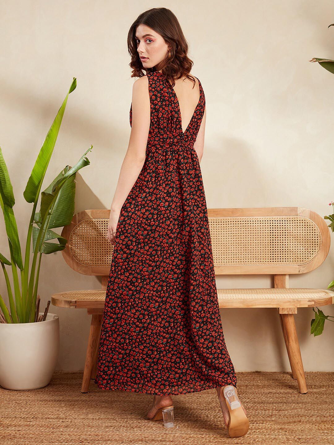 Berrylush Black & Red Floral Printed V-Neck Gathered Georgette Maxi Dress - Image 5