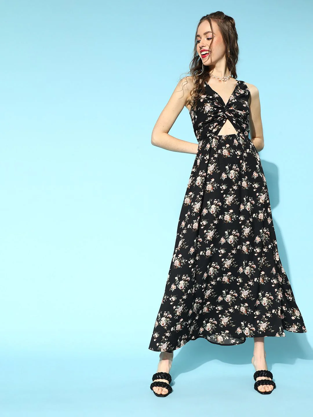 Berrylush Black & Pink Floral Print Crepe Maxi Dress - Image 3
