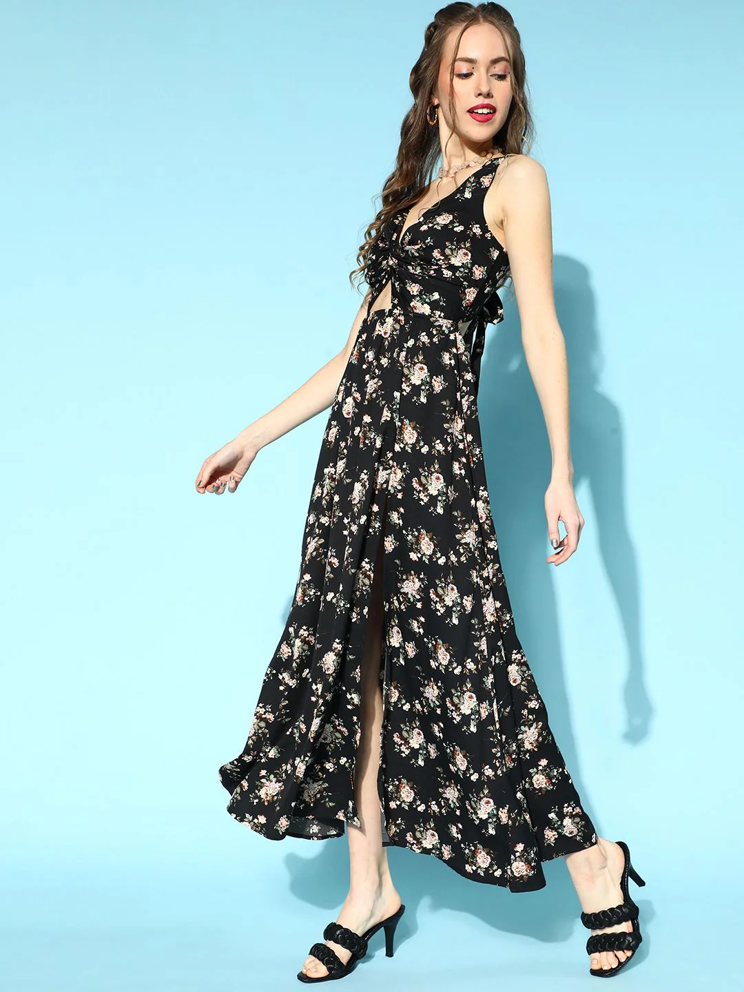 Berrylush Black & Pink Floral Print Crepe Maxi Dress - Image 5