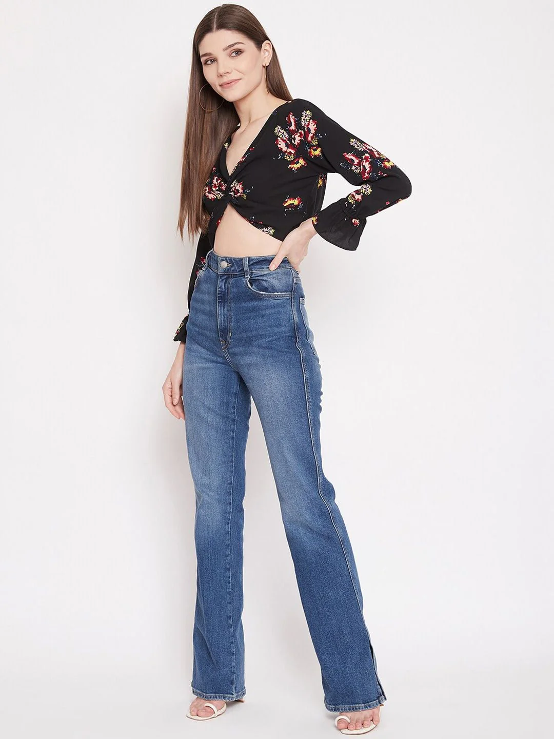 Berrylush Black & Red Floral Bishop Sleeves Crepe Wrap Crop Top - Image 4