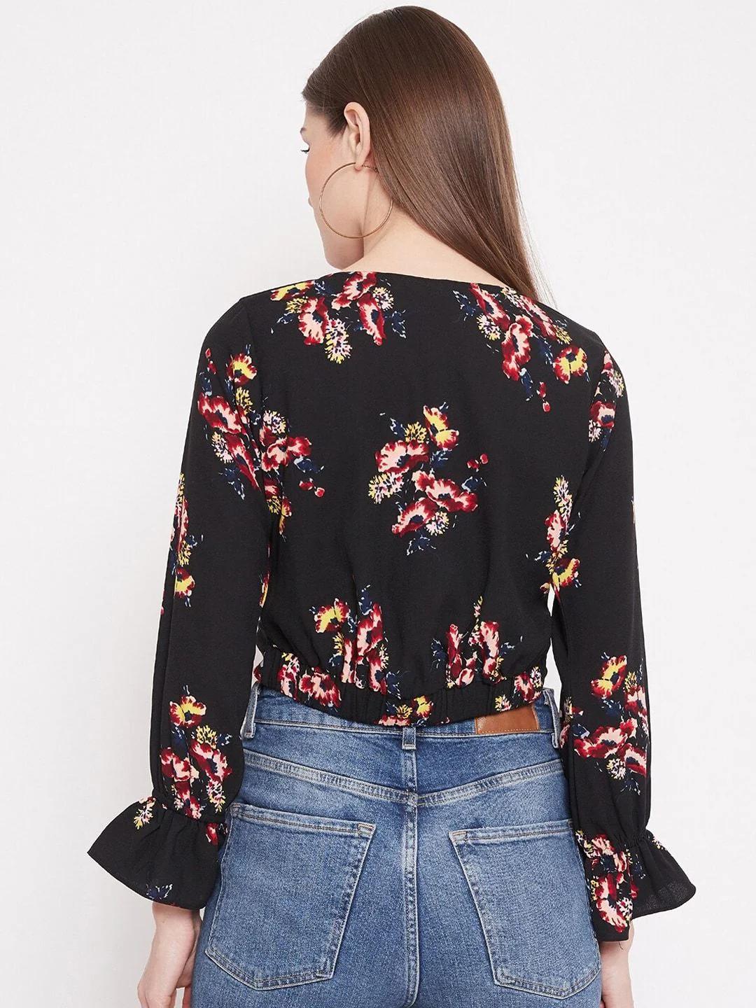 Berrylush Black & Red Floral Bishop Sleeves Crepe Wrap Crop Top - Image 5