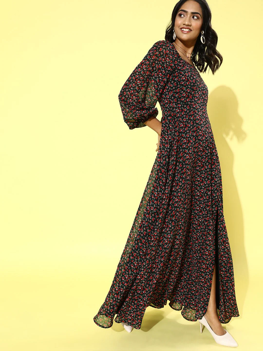 Berrylush Black & Red Floral Crepe Maxi Dress - Image 3