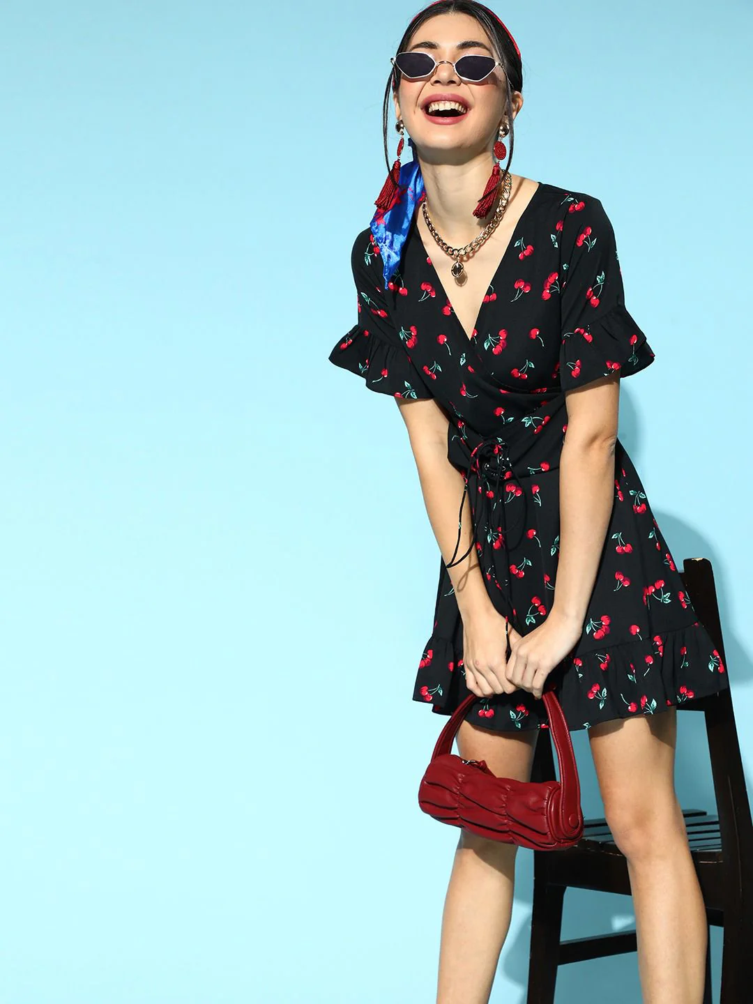 Berrylush Black & Red Printed Crepe Wrap Dress - Image 6