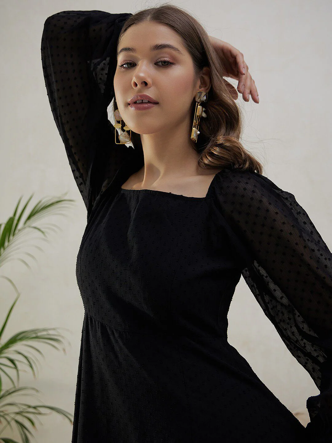 Berrylush Black Self Design Square Neck Puff Sleeves High Slit Maxi Dress - Image 2