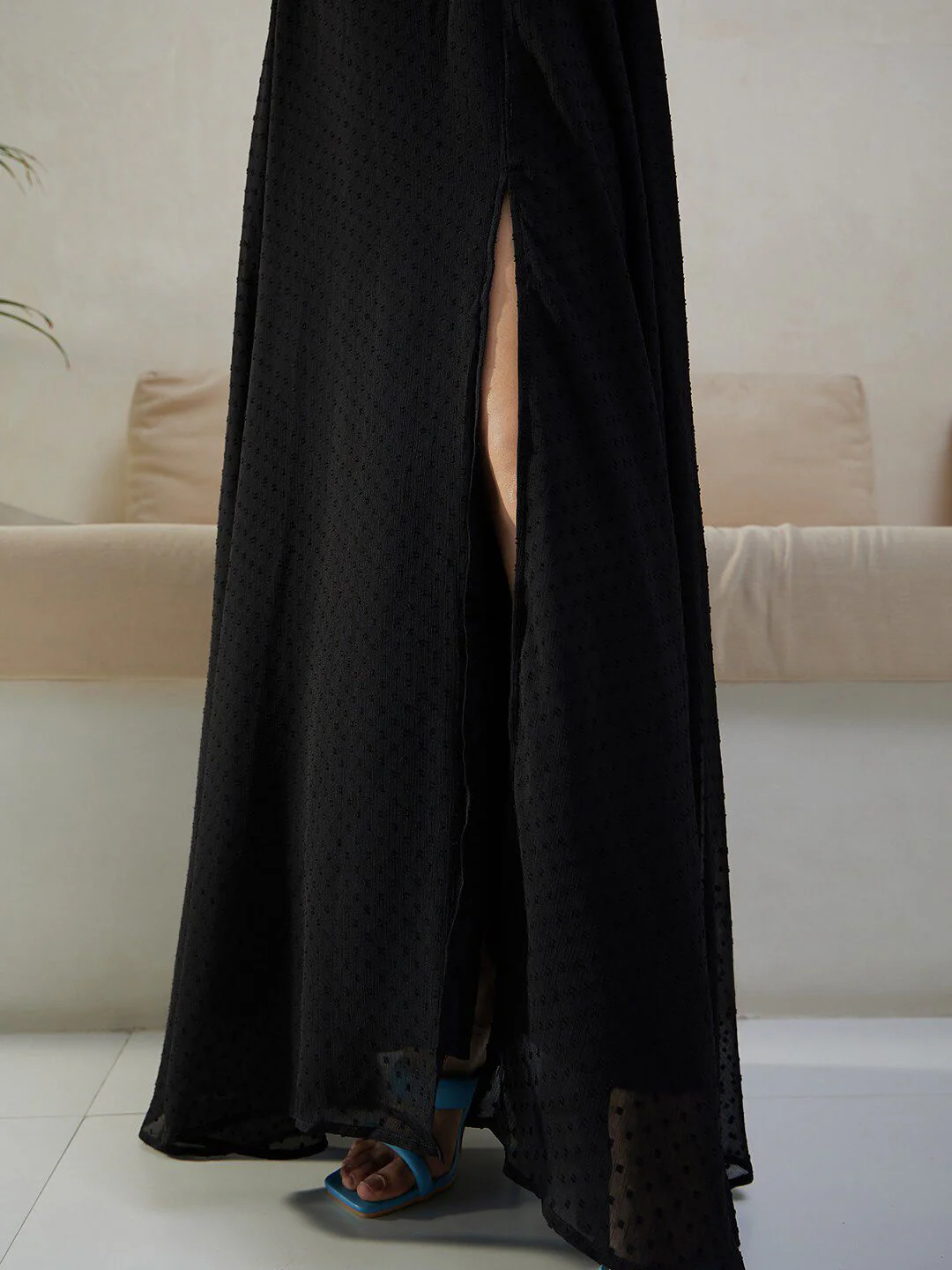 Berrylush Black Self Design Square Neck Puff Sleeves High Slit Maxi Dress - Image 4