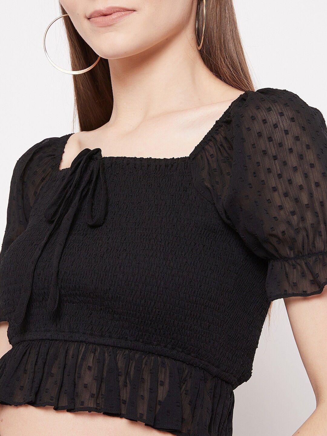 Berrylush Black Smocked Georgette Regular Crop Top - Image 2
