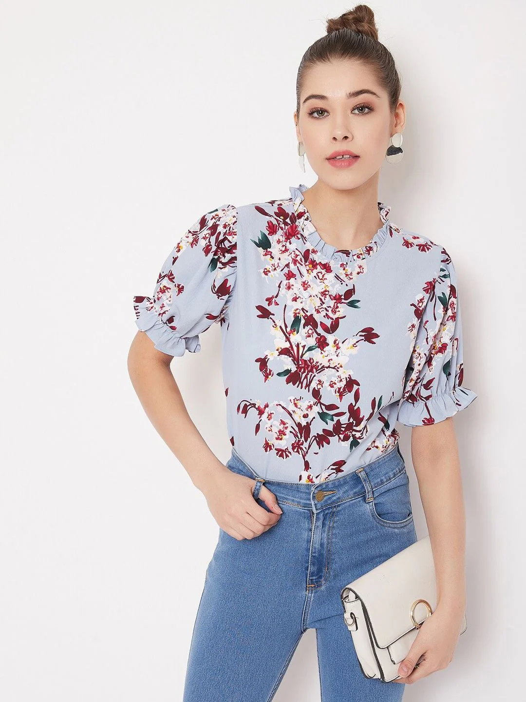 Berrylush Blue Floral Printed High Neck Top - Image 7