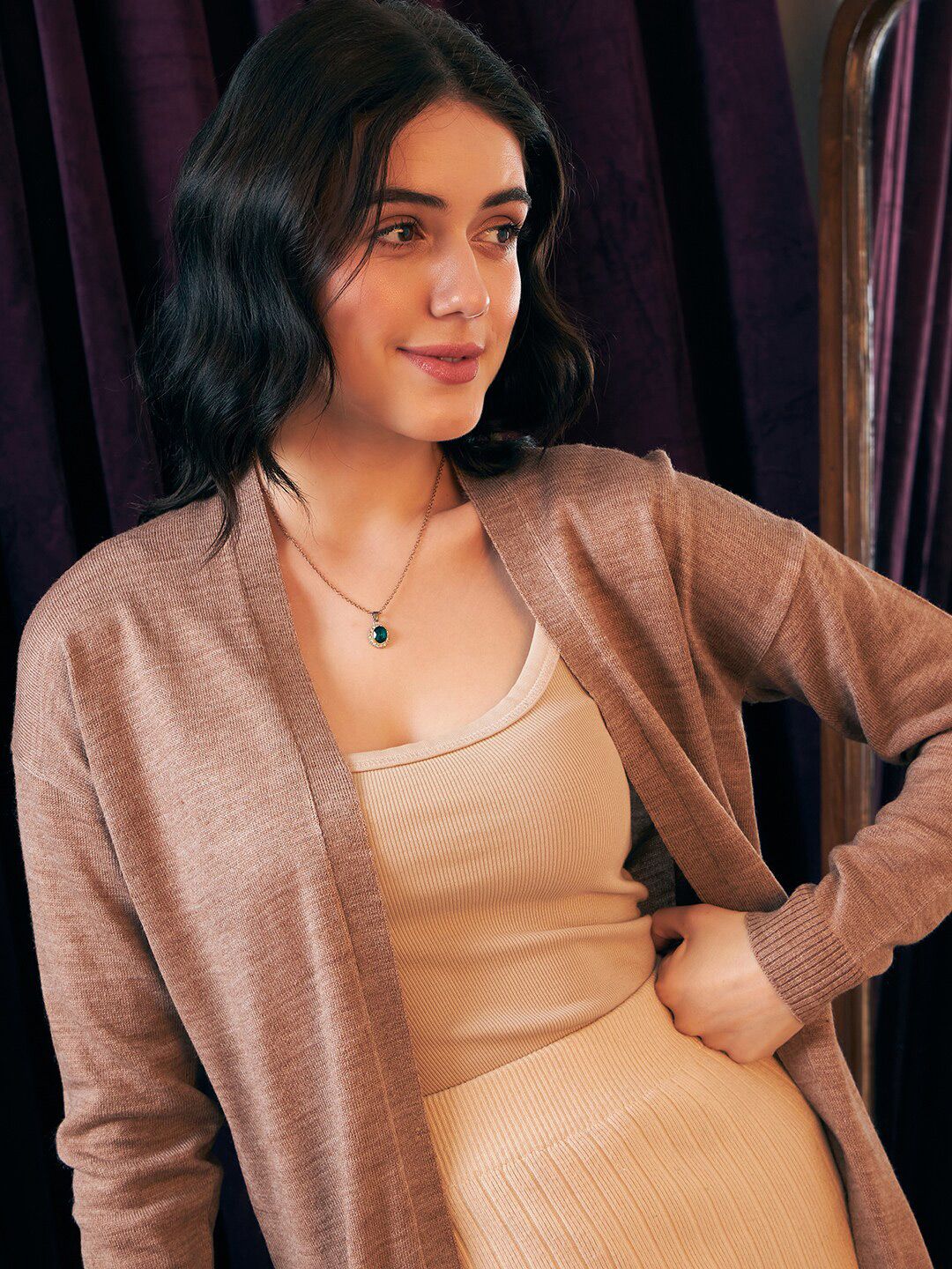 Berrylush Brown Collarless Acrylic Longline Front Open Cardigan Sweater - Image 2