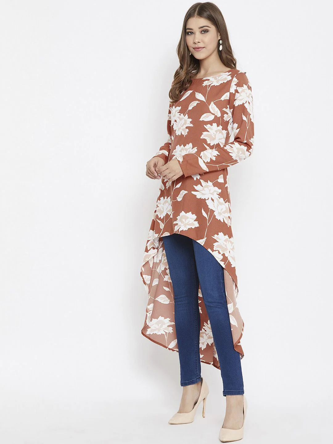 Berrylush Brown & White Floral Printed Crepe High-Low Longline Top - Image 3