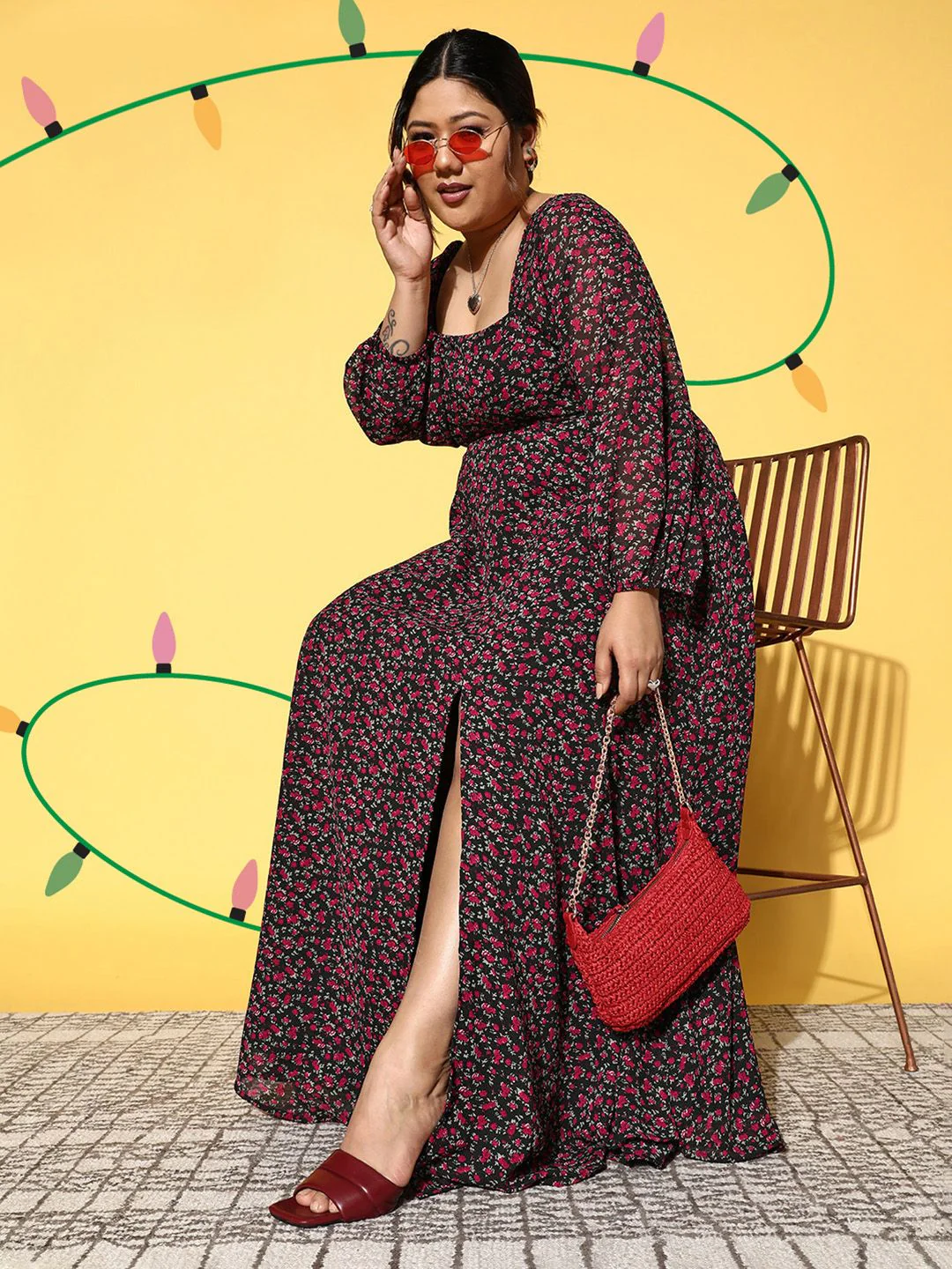 Berrylush Curve Floral Square Neck Georgette Flared Maxi Dress