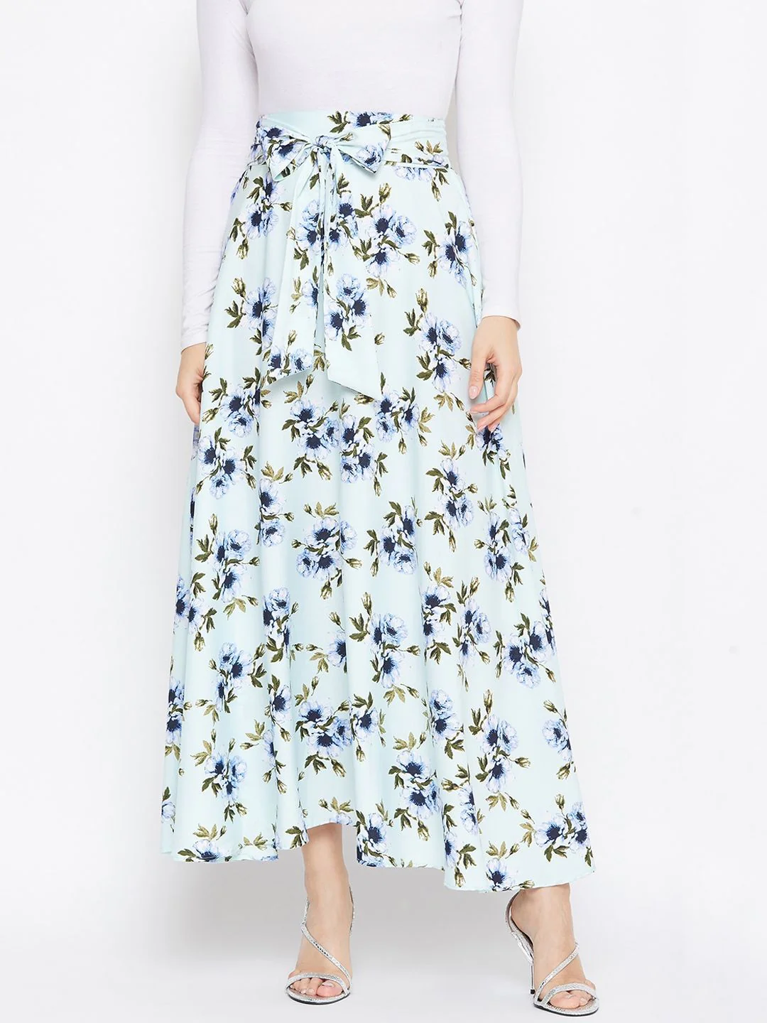 Berrylush Green & Blue Printed Flared Maxi Skirt