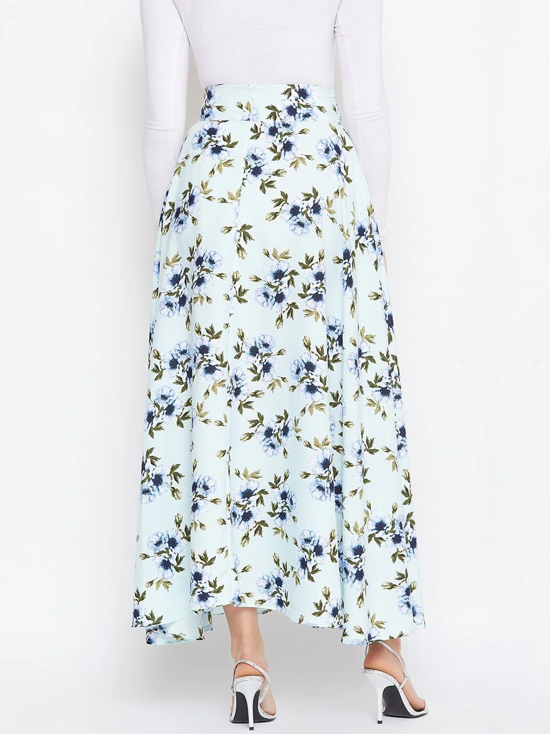 Berrylush Green & Blue Printed Flared Maxi Skirt - Image 3