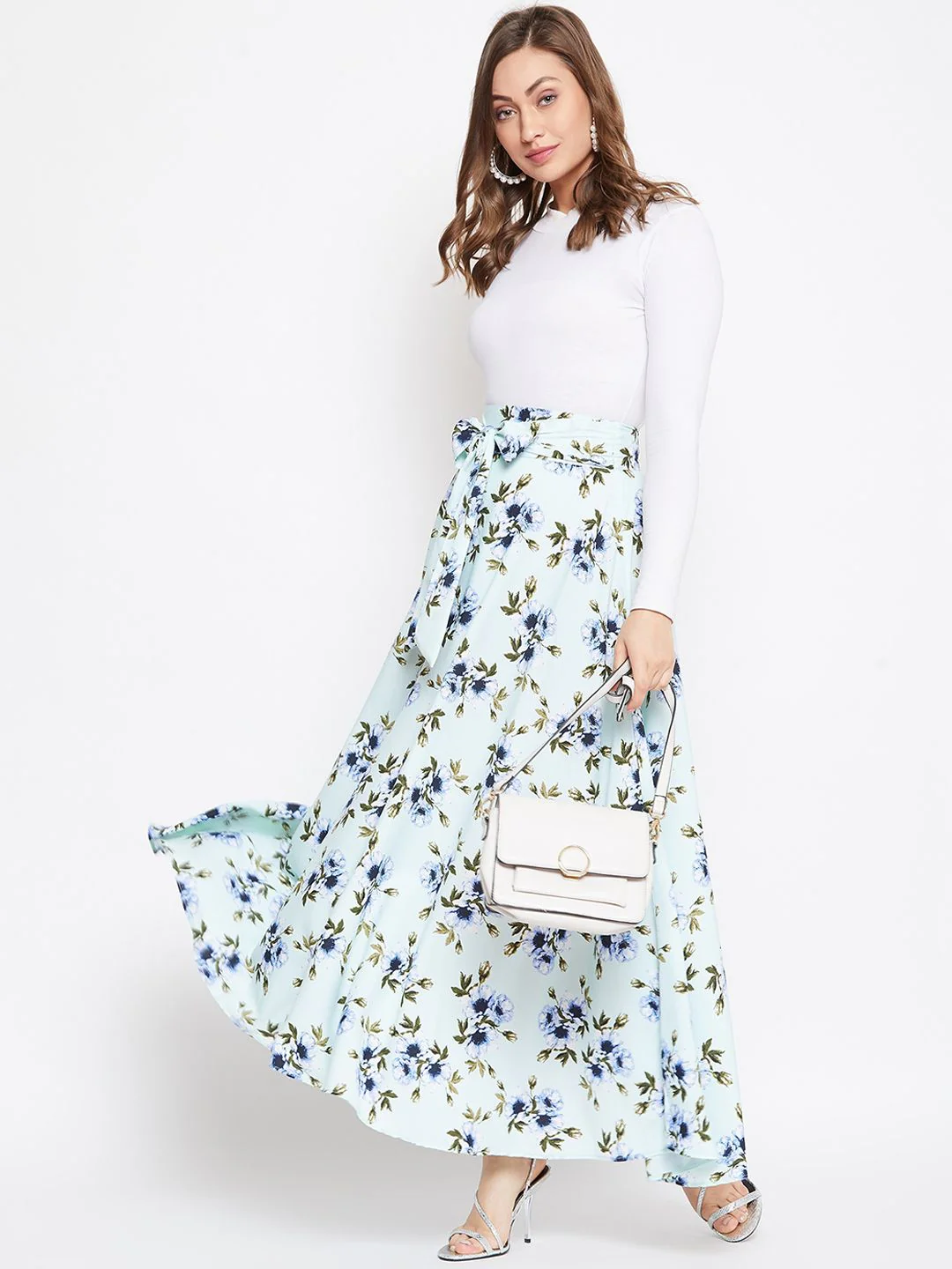 Berrylush Green & Blue Printed Flared Maxi Skirt - Image 5