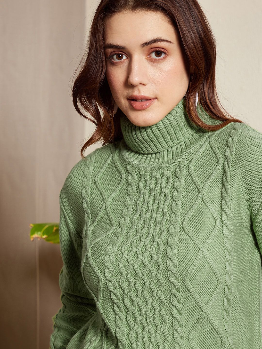 Berrylush Green Cable Knit Self Design Turtle Neck Acrylic Pullover Sweater - Image 2