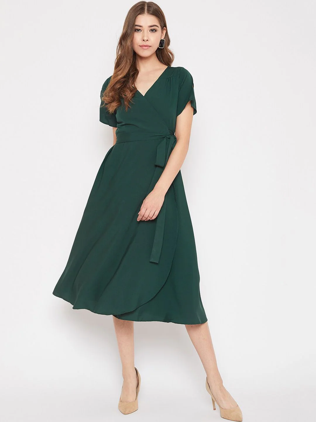 Berrylush Green Crepe Midi Wrap Dress