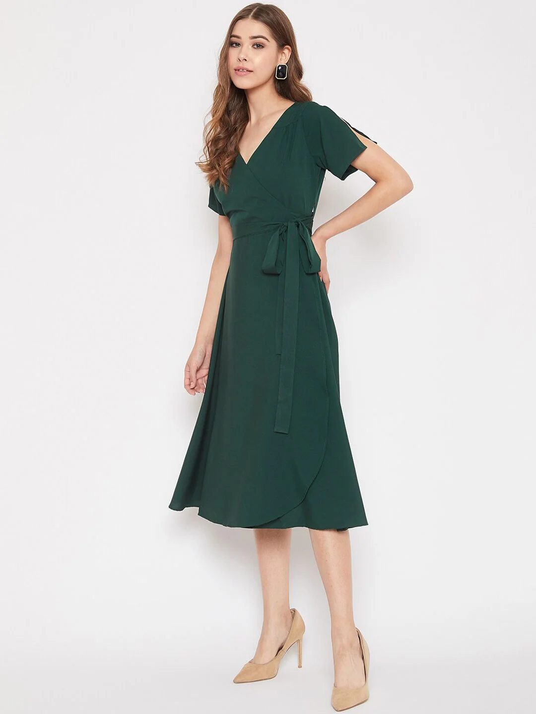 Berrylush Green Crepe Midi Wrap Dress - Image 3