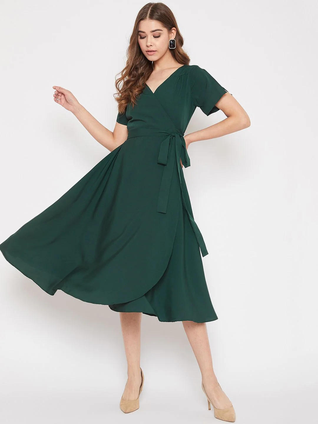 Berrylush Green Crepe Midi Wrap Dress - Image 4