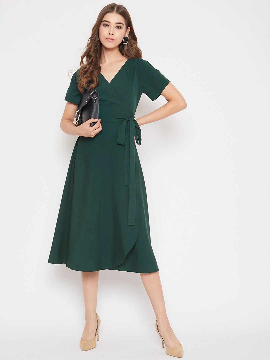 Berrylush Green Crepe Midi Wrap Dress - Image 6