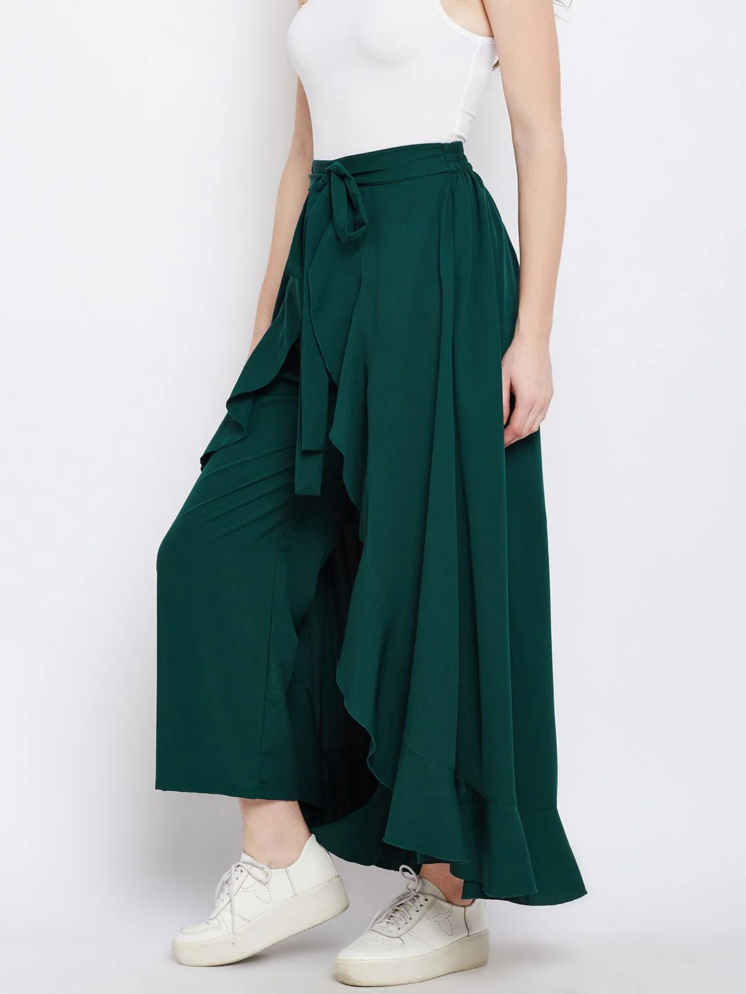 Berrylush Green Ruffled Flared Maxi Skirt with Attached Trousers - Image 2