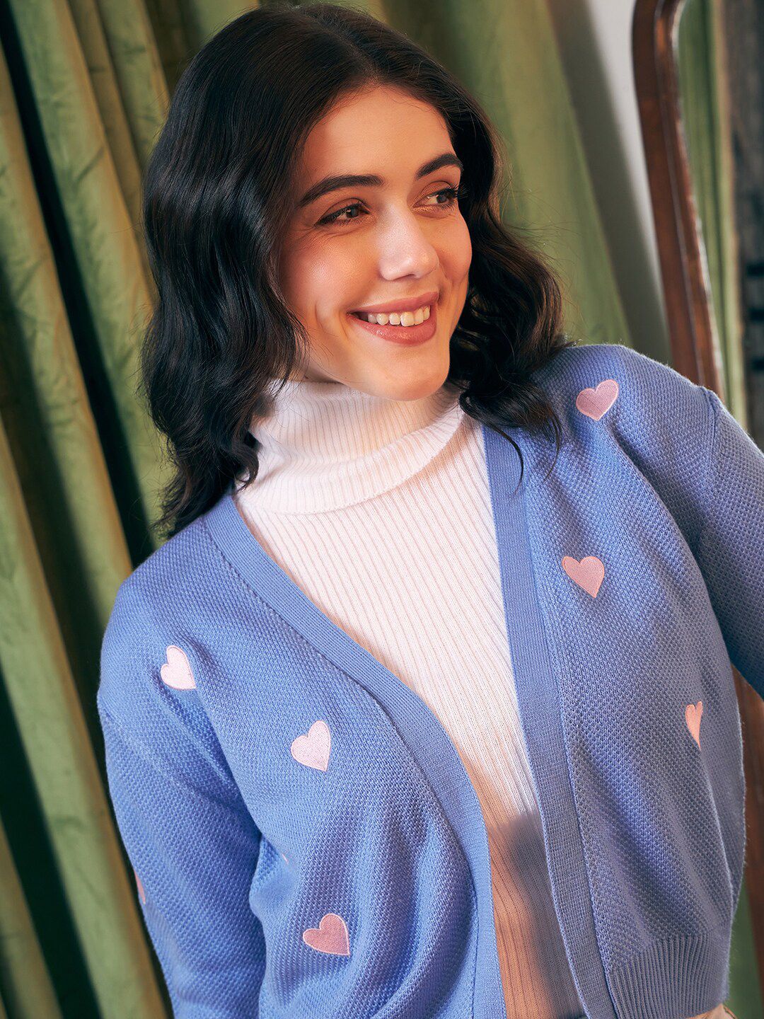 Berrylush Heart Graphic Printed Open Front Acrylic Sweater - Image 2