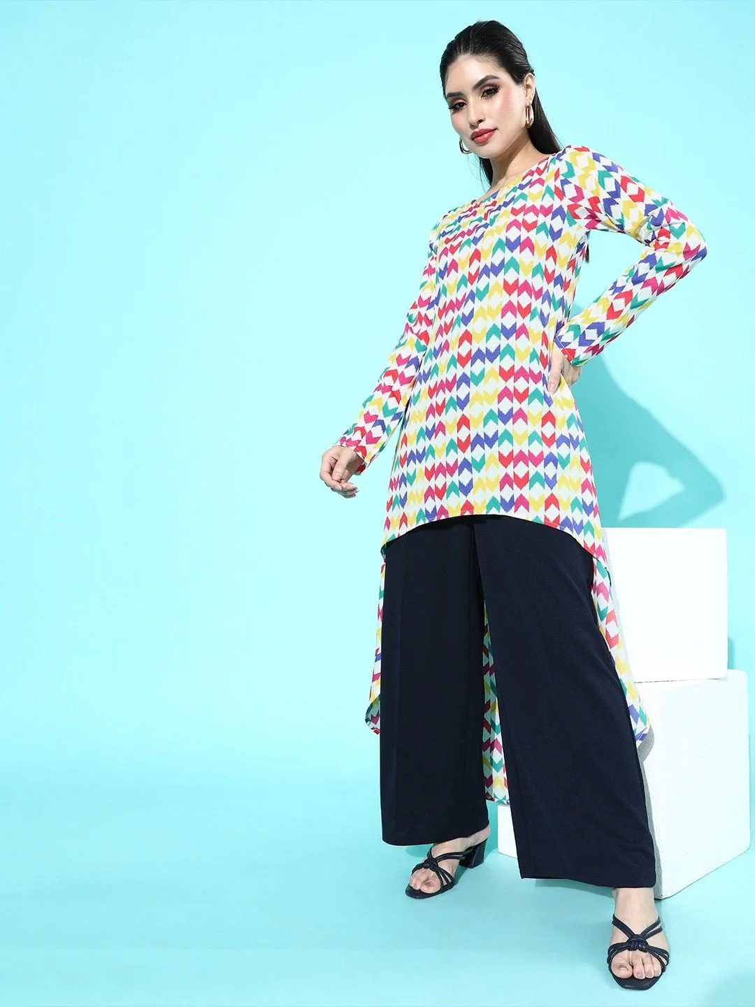 Berrylush Multicoloured Geometric Print Round Neck Polyester Crepe High-Low Longline Top - Image 4