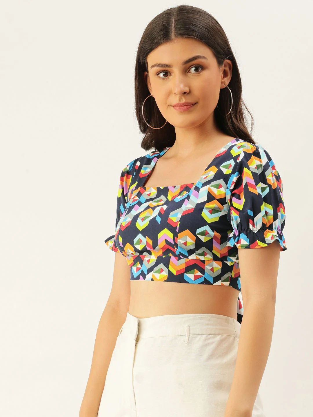 Berrylush Multicoloured Geometric Printed Puff Sleeves Styled Back Crop Top - Image 3