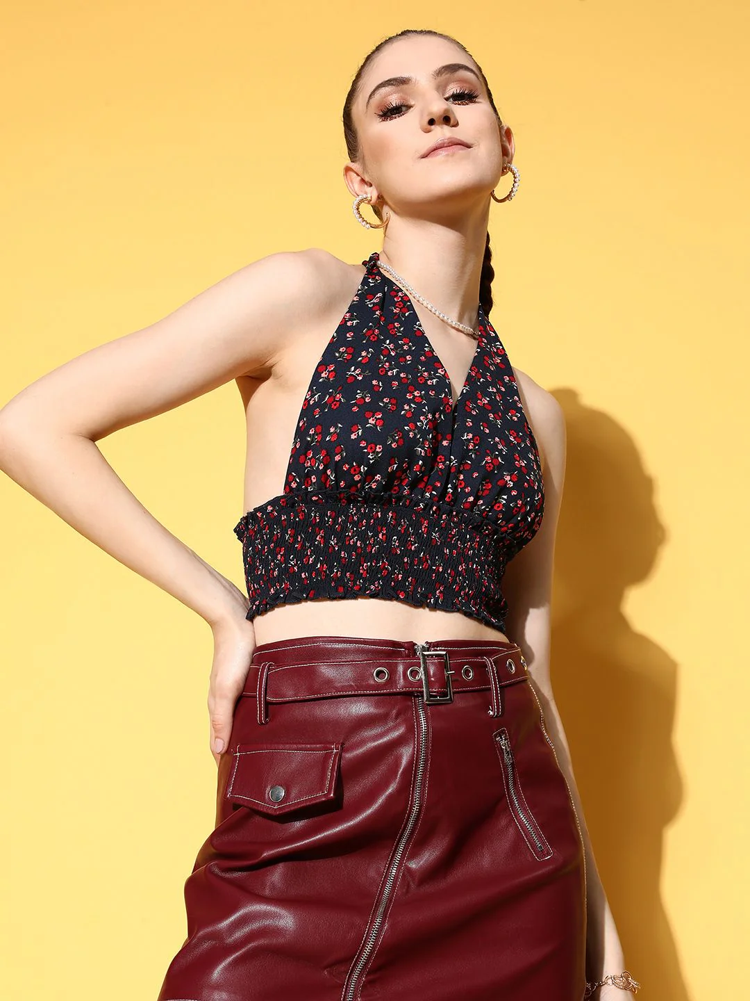 Berrylush Navy Blue Floral Print Halter Neck Smocked Crepe Crop Top - Image 5